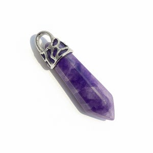 Amethyst Pendant – 33–40mm Crystal Point with Platinum Tone Cap | 1pc Natural Gemstone Pillar, Amethyst Charm for Jewellery Making & Crafts