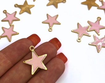 Pink Enamel Star Charms: Light Gold Alloy Pendants (10pcs, 20x18.5mm
