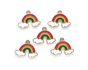 May include: Six gold-colored rainbow charms with red, yellow, and green enamel. Each charm features a rainbow with white clouds on either side.