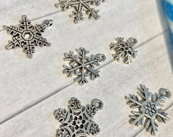 May include: Six silver snowflake charms with intricate designs. The charms are perfect for adding a touch of winter magic to your jewelry or crafts.