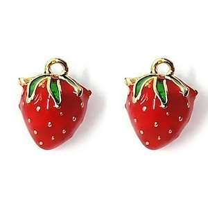 Strawberry Brass Enamel Charms – 2pcs Red Fruit Pendants with Gold Detailing for Jewellery Making, Summer Crafts & Accessories