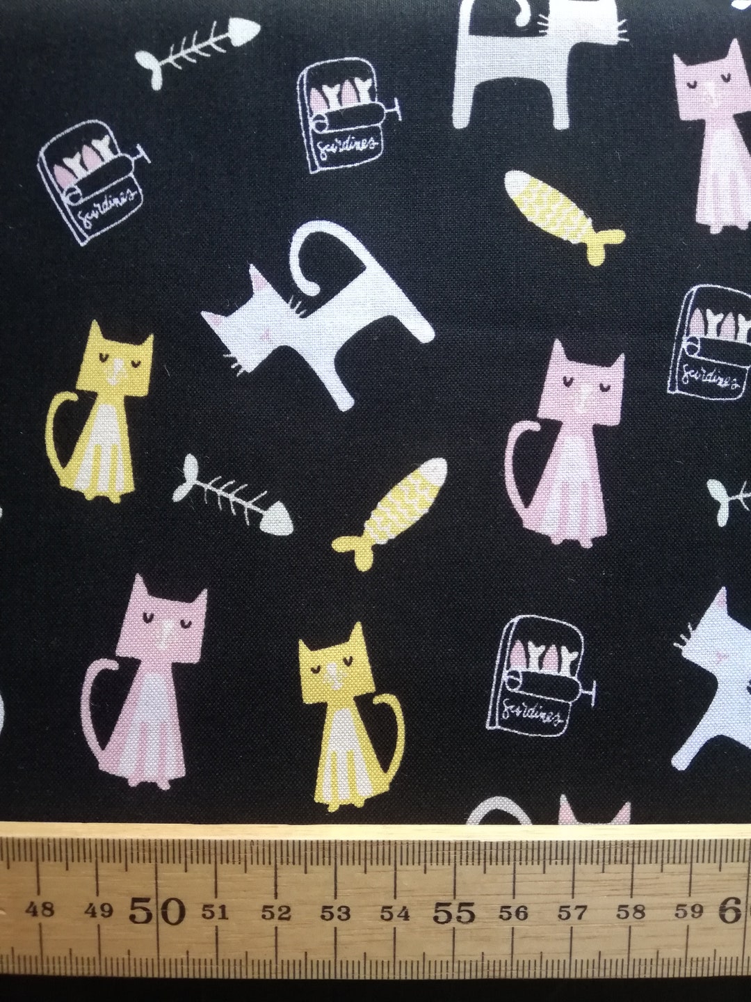 Cats Sardines Fish Bones on Black 100 Cotton Meow and Forever by Riley