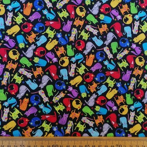 Tiny Coloured Cats on a Black Background, 100% Cotton by Timeless Treasures, Quilting, Patchwork, Clothing, Craft, Bunting, Cat Beds