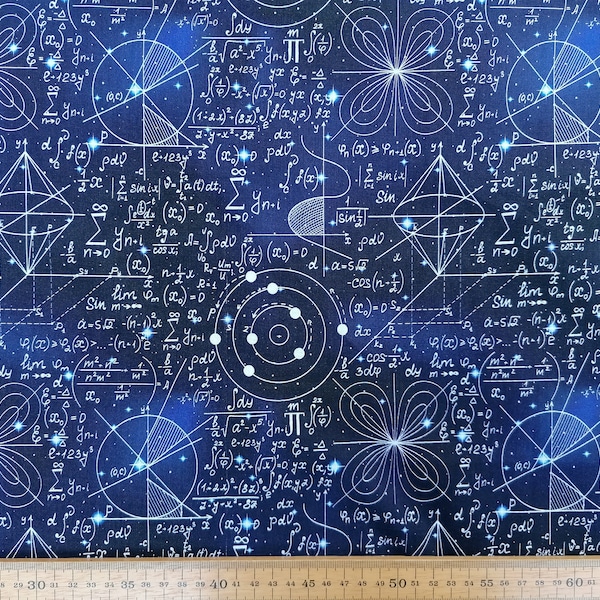 Algebraic Formulae on Shaded Navy Blue, 142cm wide, 100% Cotton, Great for Craft, Quilting, Dressmaking, Bags, Cushion Covers, Home Decor