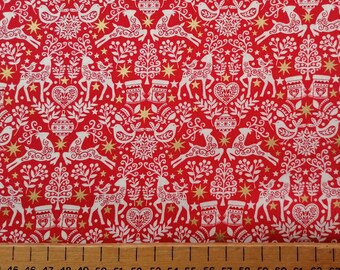 Scandi Folk Christmas Cotton Fabric: Red, White & Gold Metallic, Quilting, Dressmaking, Crafts by Makower