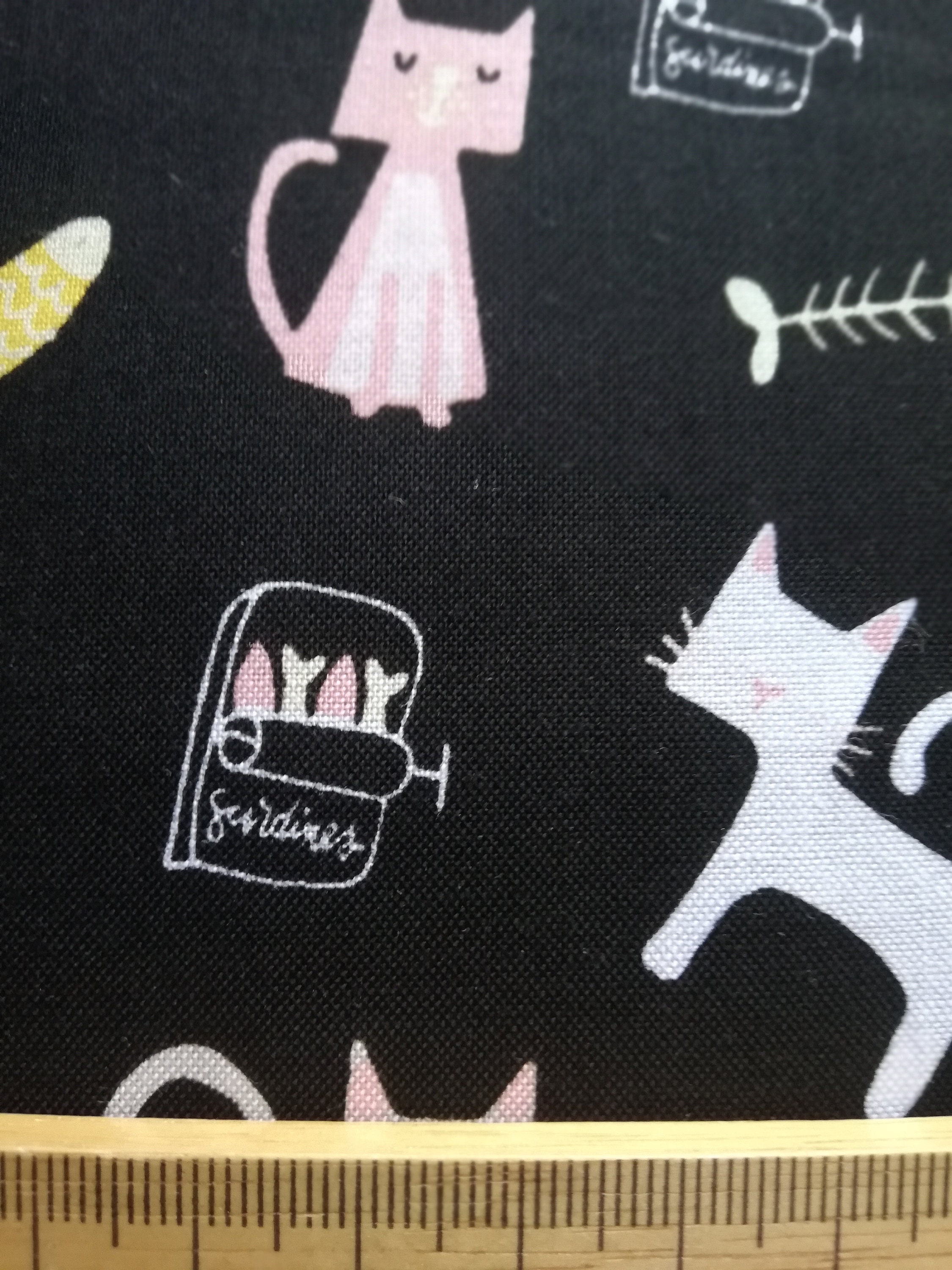Cats Sardines Fish Bones on Black 100 Cotton Meow and Forever Etsy