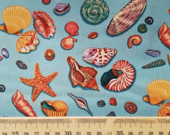 Seashell Fabric: Sky Blue Cotton, Quilting, Dressmaking, Crafts, by Nutex