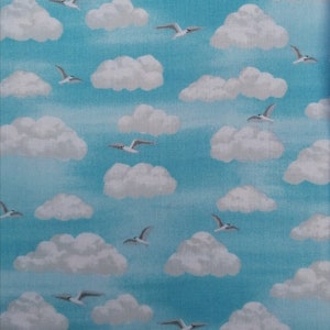 Seagulls in Fluffy Clouds, Cotton Fabric from Beside the Sea Range by Makower Quilting Dressmaking, Craft, Masks, Nautical, Beach Theme