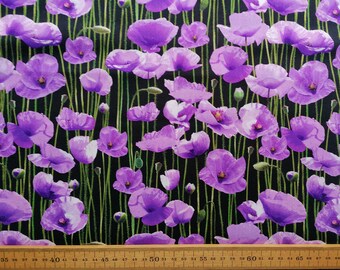 May include: Purple poppy flowers on a black background. The flowers are arranged in a vertical pattern and are in various stages of bloom.
