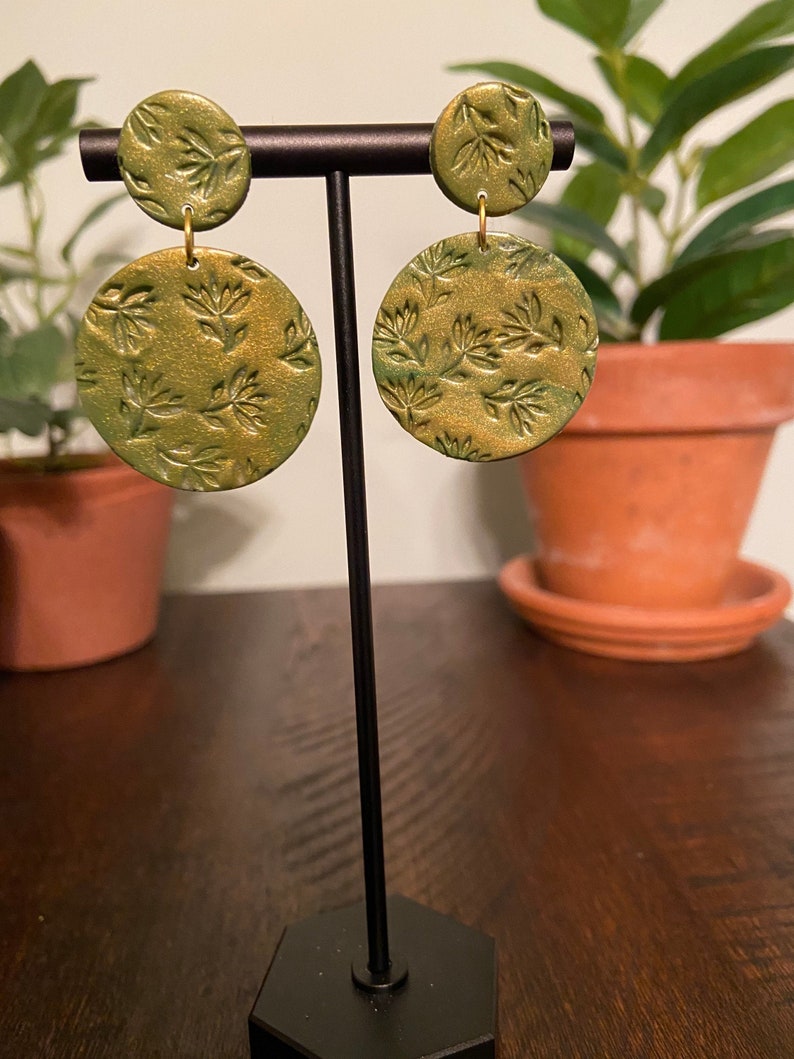 Embossed Lotus Jade and Gold Statement Polymer Clay Earrings for Spring Summer