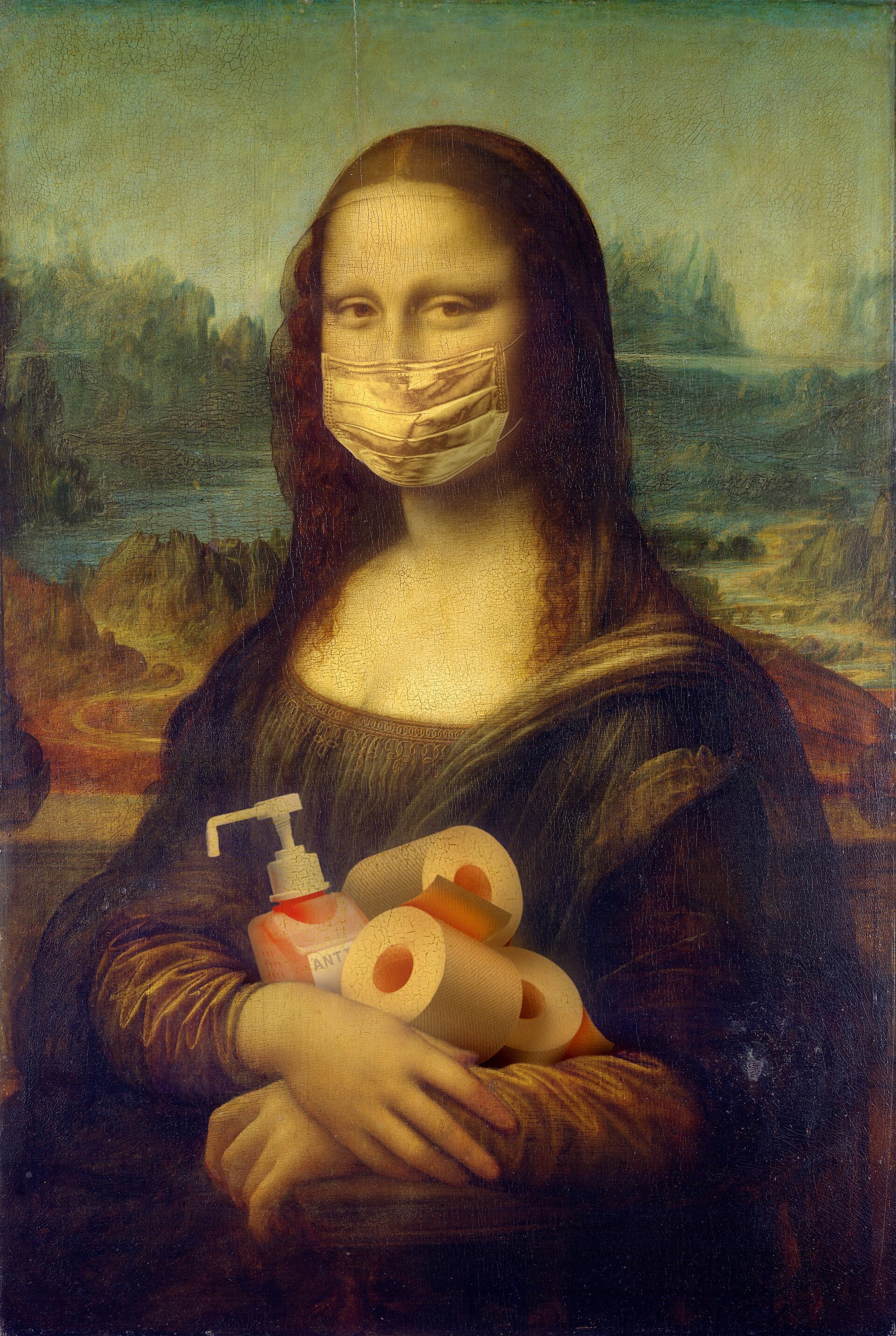 La Joconde avec Un Masque et Du Gel Mona Lisa | de Vinci Protection Antivirus - Poster Métal Art Mur