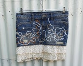 Bohemian Hippy Skirt, Vitage Lace and Denim, Upcycled Skirt, Boho Style, Threaded Skirt, Lace, OOAK, Size , Denim destressed,Upcycled