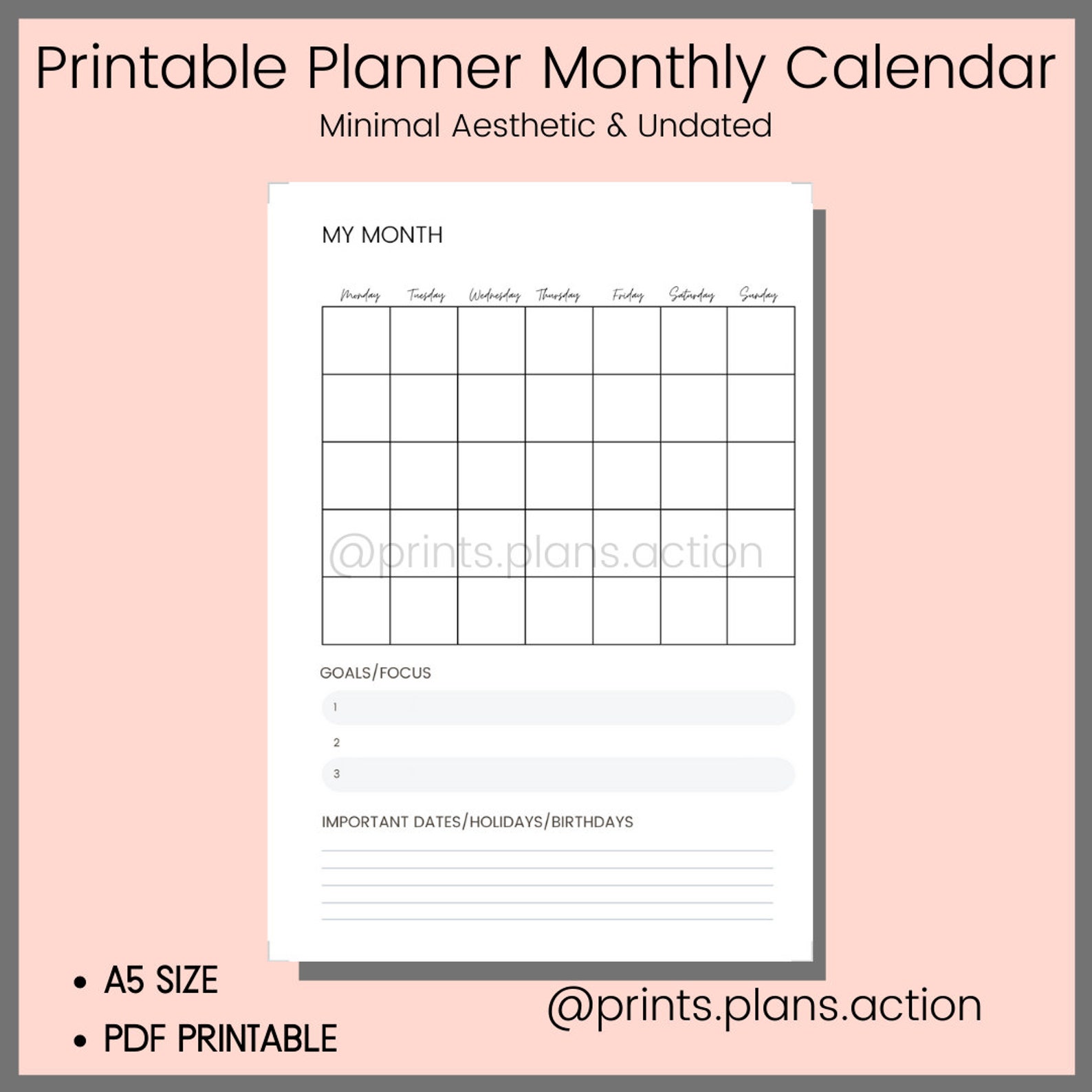 Printable Planner Undated Month on One Page Calendar View A5 Etsy