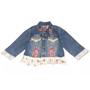 Blue Jean Jacket Girls Size S Hand Applied Embellishments Vintage Lace Crochet