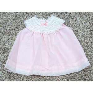 Vintage Baby Girl Pink Sheer Dotted Swiss Dress Lace Frill Collar Handmade Size 6-12 months
