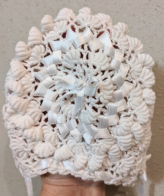 Baby Christening Bonnet Handmade White Crocheted … - image 4