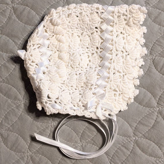 Baby Christening Bonnet Handmade White Crocheted … - image 2