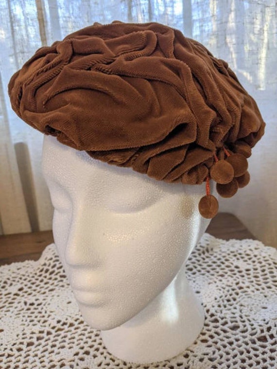 Vintage Tufted Brown Velvet Hat With Bobbles Barr… - image 9