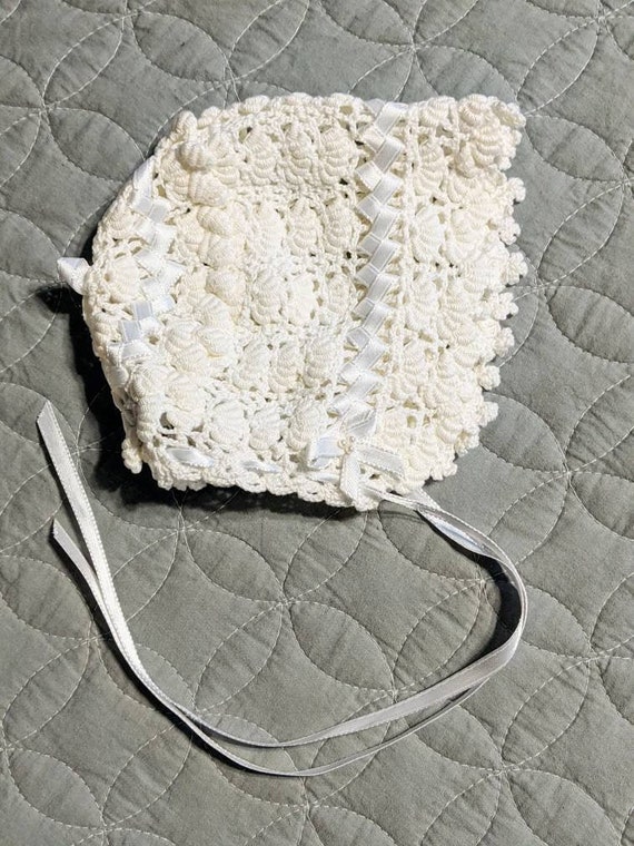 Baby Christening Bonnet Handmade White Crocheted … - image 1
