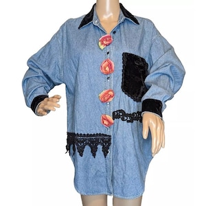 VTG Chambray Shirt opgestikte kanten rand Hippie Boho Cottage Great Scott Outfitters