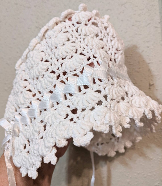 Baby Christening Bonnet Handmade White Crocheted … - image 6