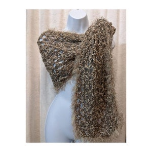 Handmade Crochet Scarf 84&quot; Long - 12&quot; Wide Brown Tan Cream Scarf Long Soft Wrap Shawl Warm Cozy Cuddly Winter