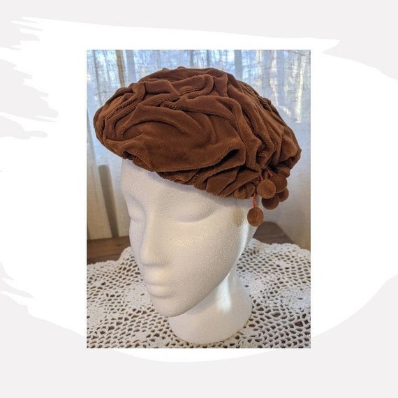 Vintage Tufted Brown Velvet Hat With Bobbles Barr… - image 1