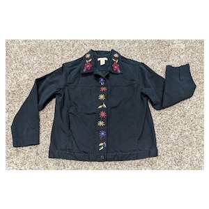 Bechamel Women&#39;s Size M Embroidered Long Sleeve Button Up Black Jacket Floral