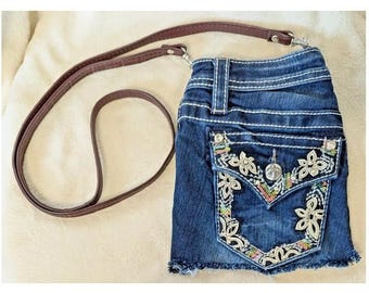 Upcycled Miss Me Jeans Denim Pocket Purse Crossbody Rhinestone Bling Leather