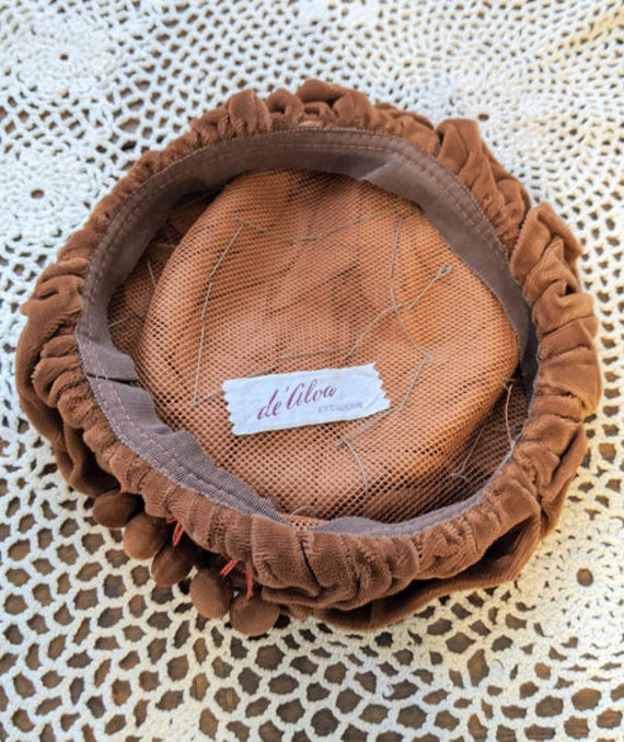 Vintage Tufted Brown Velvet Hat With Bobbles Barr… - image 6