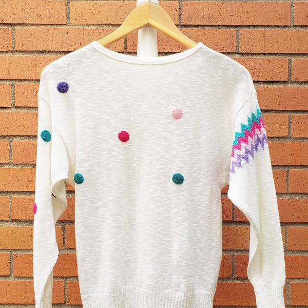 Vintage Cotton/Acrylic Sweater with Colorful Terry Cloth Dots - Women's Small