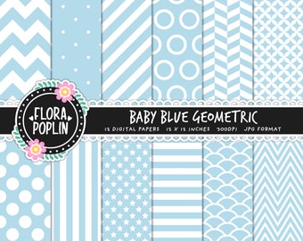 Baby Blue Geometric Digital Paper Pack, Papel Digital Azul, Chevrons, Rayas, Lunares, Espina de Arenque, Patrones Sin Costura, Uso Comercial