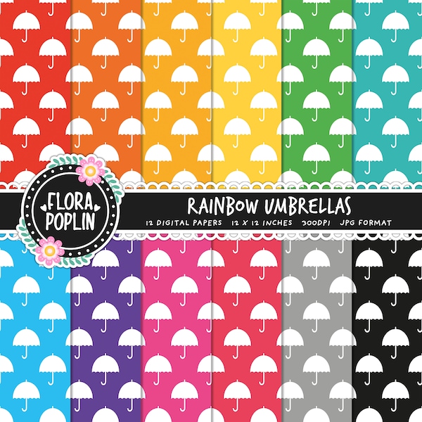 Rainbow Umbrella Digital Paper Pack, Umbrella Pattern, Rainbow Papers, Cute Umbrellas, Scrapbook Paper, Digital Background, Commercial Use