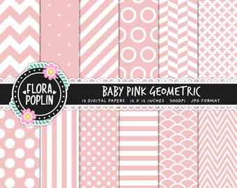 Baby Pink Geometric Digital Paper Pack, Pink Digital Paper, Chevrons, Stripes, Polka Dots, Herringbone, Seamless Patterns, Commercial Use