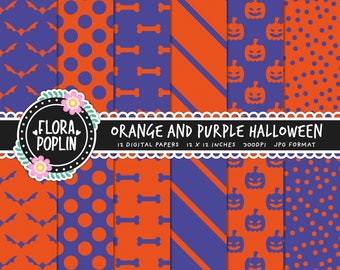 Orange and Purple Halloween Digital Paper, Bat Digital Paper, Pumpkin Digital Paper, Bone Digital Paper, Halloween Patterns, Commercial Use