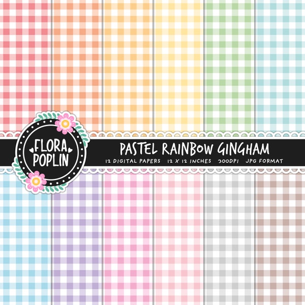 Pastel Gingham Digital Paper, Check Pattern, Picnic Paper, Rainbow Colours, Checkered, Scrapbook Paper, Seamless Pattern, Commercial Use