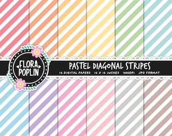 Könnte beinhalten: Zwölf digitale Papiere mit pastellfarbenen diagonalen Streifen in verschiedenen Farben, darunter Rosa, Blau, Grün, Gelb und Grau. Jedes Papier ist 30,48 cm x 30,48 cm groß und hat eine Auflösung von 300 DPI. Die Papiere sind im JPG-Format. Der Text "FLORA POPLIN" und "PASTEL DIAGONAL STRIPES" ist im Bild enthalten.