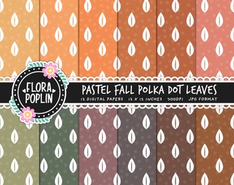 Pastel Fall Polka Dot Leaves Digital Paper, Autumn Leaf Pattern, Fall Digital Paper, Leaf Digital Papers, Scrapbook Paper, Commercial Use