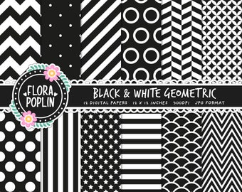 Black Geometric Digital Paper Pack, Black and White Digital Paper, Chevrons, Stripes, Polka Dots, Seamless Patterns, Commercial Use