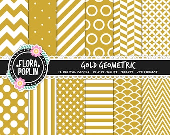 Gold Geometric Digital Paper Pack, Gold Digital Paper, Chevrons, Stars, Stripes, Polka Dots, Herringbone, Seamless Patterns, Commercial Use