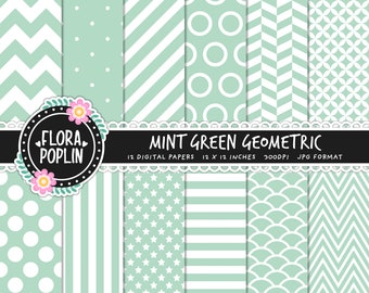 Mint Digital Paper Pack, Mint Geometric Digital Patterns, Mint Chevrons, Stripes, Polka Dots, Scrapbook, Seamless Patterns, Commercial Use