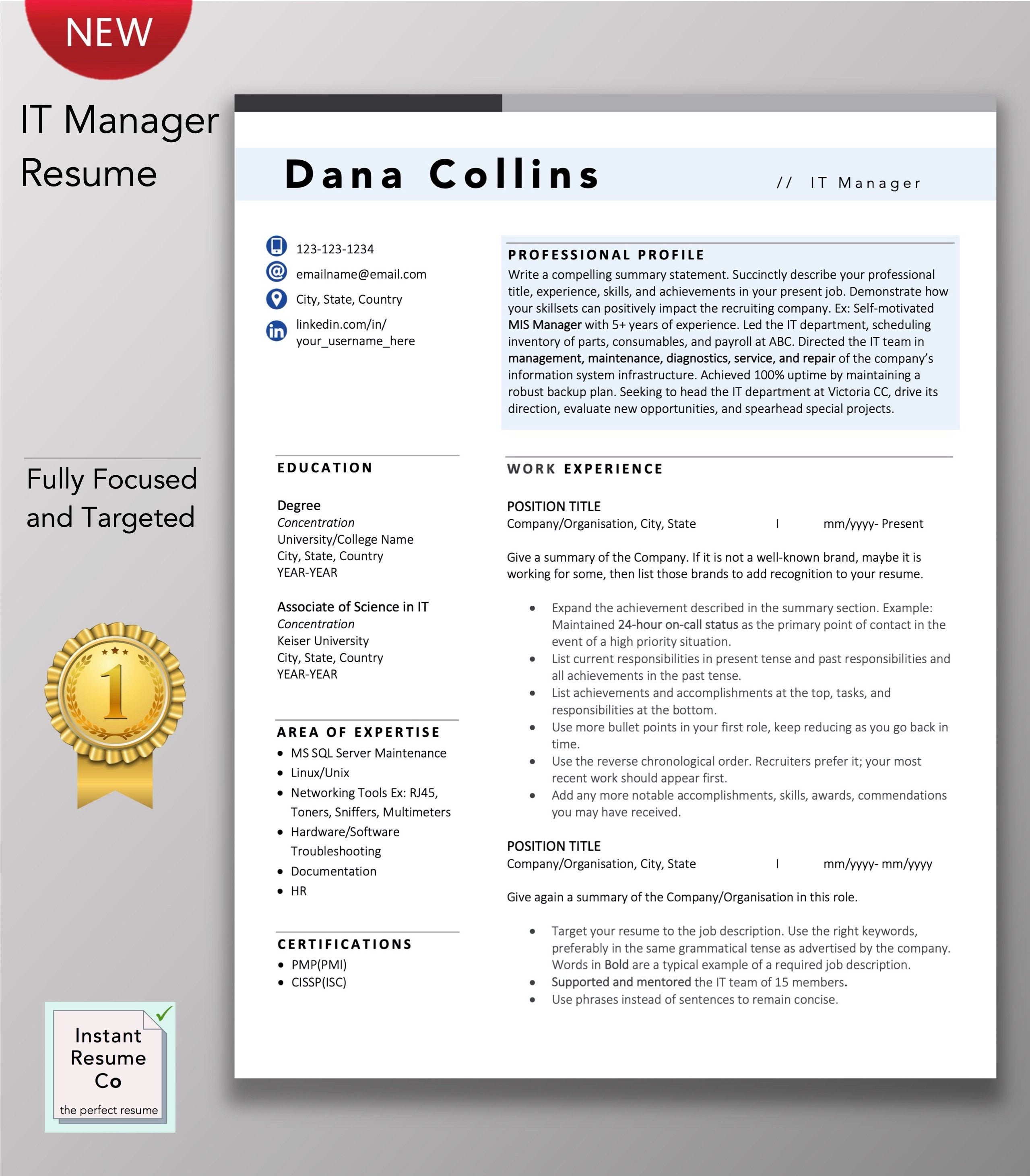 IT Manager Professional Resume Template Creative CV Word - Etsy