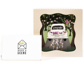 3D-wenskaart voor bruiloft, pop-up vintage uitje