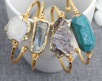 Wire Wrapped Natural Solar Quartz Druzy Bangle Natural Sun Flower Bracelet Blue Kyanite Bangle