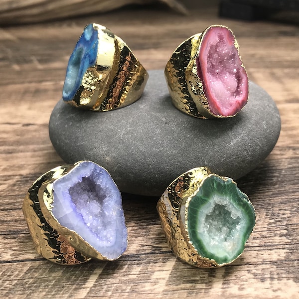 natural druzy stone ring raw big stone multi color ring gold plated fashion handmade wholesale ring jewelry