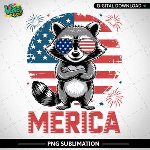 Fuochi d'artificio di procione in formato PNG, design divertente di animali patriottici per il 4 luglio, cartone animato americano stampabile, sublimazione per il Giorno dell'Indipendenza, design per il 4 luglio