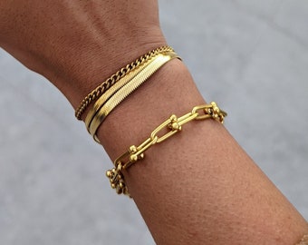 18k Gold Plated U Shape Bracelet, Women Gold Bracelet, Chunky Gold Bracelet, Waterproof Bracelet, Everyday Bracelet, Stacking Bracelet