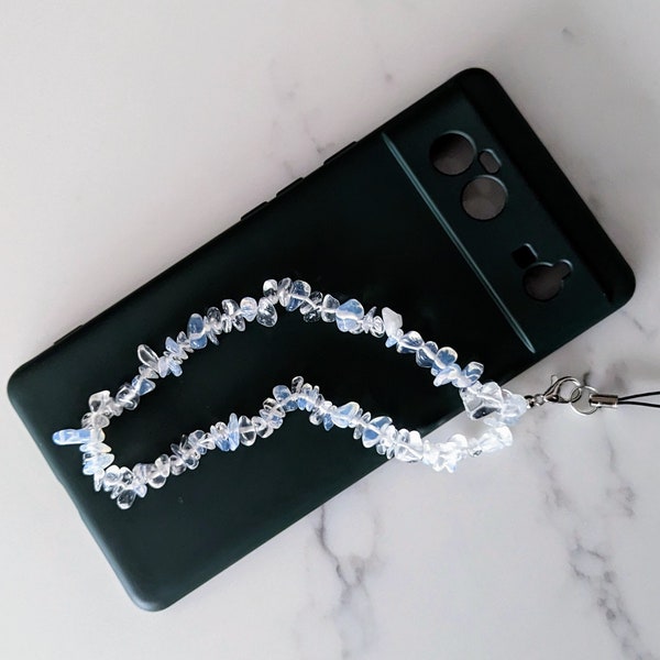 Crystal Phone Strap | White Moonstone Beaded Phone Strap | Crushed Gemstone Phone Charm | Wrist Lanyard Keychain Beaded Stones Phone Chain