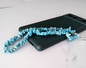 Crystal Phone Strap | Turquoise Aqua Beaded Phone Strap | Crushed Gemstone Phone Charm | Wrist Lanyard Keychain Beaded Stones Phone Chain