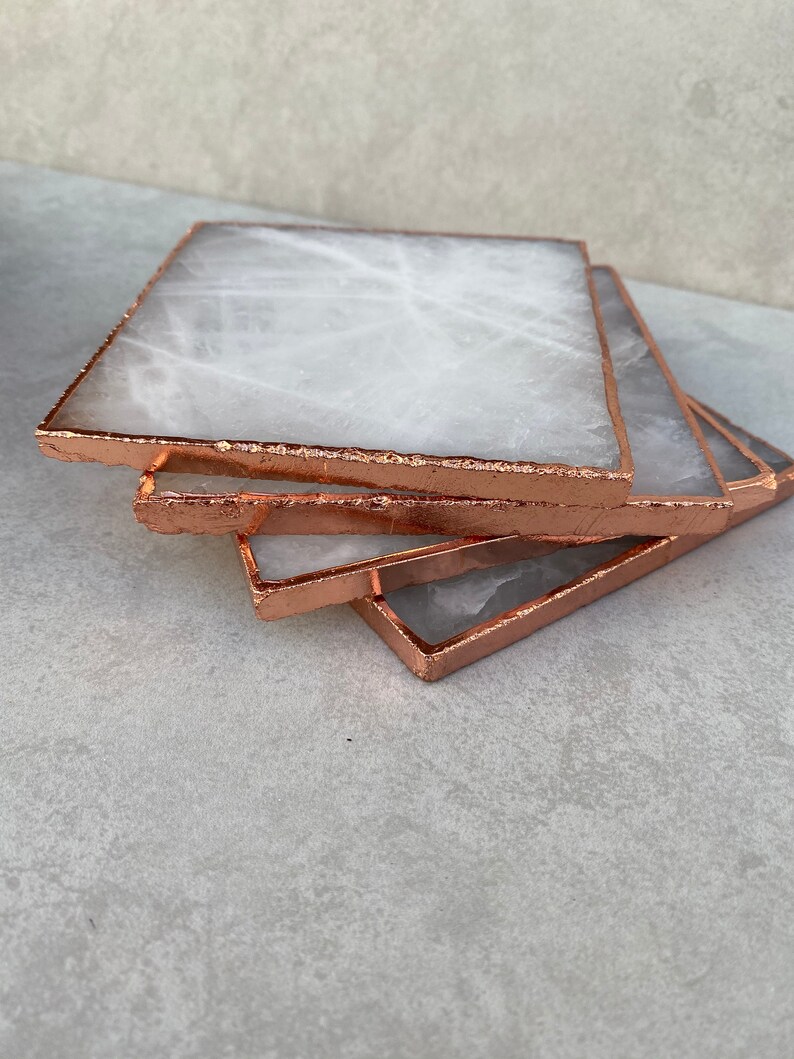 White Quartz Crystal Coasters With Rose Gold Edge per Slice Etsy Norway